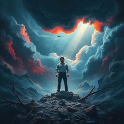A metaphorical representation of resilience and inner strength, showcasing a person standing tall amidst a stormy landscape, with turbulent winds and dark clouds swirling around