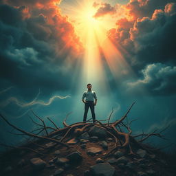 A metaphorical representation of resilience and inner strength, showcasing a person standing tall amidst a stormy landscape, with turbulent winds and dark clouds swirling around