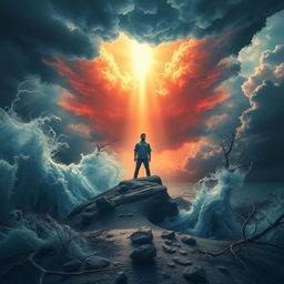 A metaphorical representation of resilience and inner strength, showcasing a person standing tall amidst a stormy landscape, with turbulent winds and dark clouds swirling around
