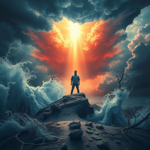 A metaphorical representation of resilience and inner strength, showcasing a person standing tall amidst a stormy landscape, with turbulent winds and dark clouds swirling around