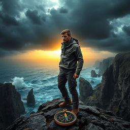 A determined, resolute individual standing on a rocky cliff overlooking a stormy sea, symbolizing life's challenges