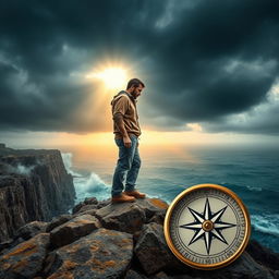 A determined, resolute individual standing on a rocky cliff overlooking a stormy sea, symbolizing life's challenges