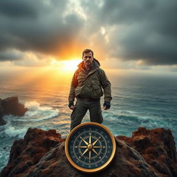 A determined, resolute individual standing on a rocky cliff overlooking a stormy sea, symbolizing life's challenges