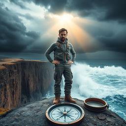 A determined individual standing confidently on a rocky cliff, gazing out at a tumultuous sea, symbolizing the trials of life