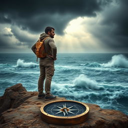 A determined individual standing confidently on a rocky cliff, gazing out at a tumultuous sea, symbolizing the trials of life
