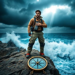 A determined individual standing confidently on a rocky cliff, gazing out at a tumultuous sea, symbolizing the trials of life