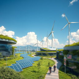 A stunning, futuristic landscape showcasing advanced sustainable energy systems and generator facilities