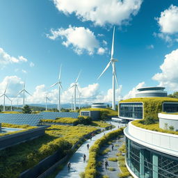 A stunning, futuristic landscape showcasing advanced sustainable energy systems and generator facilities