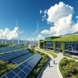 A stunning, futuristic landscape showcasing advanced sustainable energy systems and generator facilities