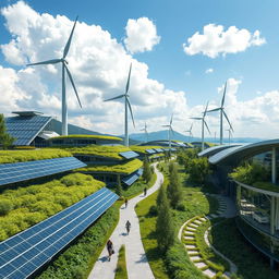 A stunning, futuristic landscape showcasing advanced sustainable energy systems and generator facilities