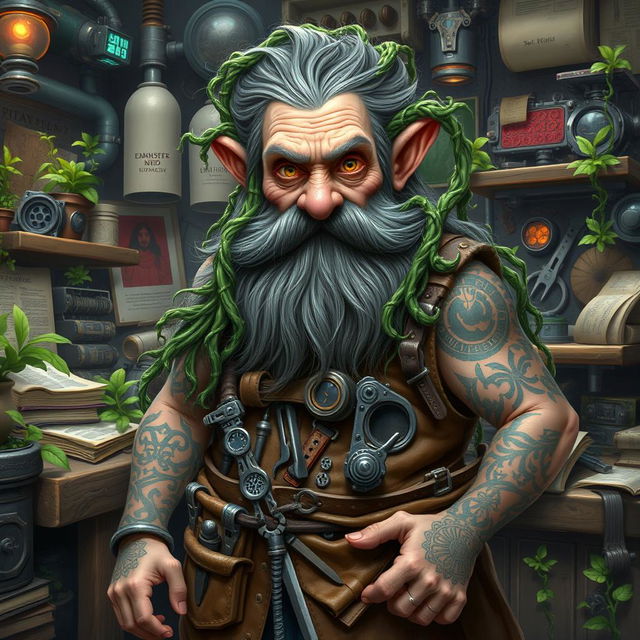 A mad old dwarf artificer with a wild, unkempt beard made of twisting, green vines