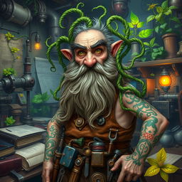 A mad old dwarf artificer with a wild, unkempt beard made of twisting, green vines
