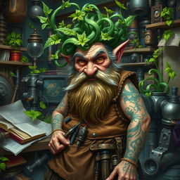 A mad old dwarf artificer with a wild, unkempt beard made of twisting, green vines