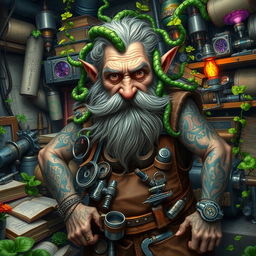 A mad old dwarf artificer with a wild, unkempt beard made of twisting, green vines