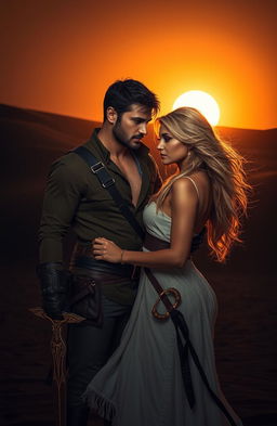 A romantic scene featuring a handsome brunet man and a stunning blonde woman in a dramatic, dark desert landscape