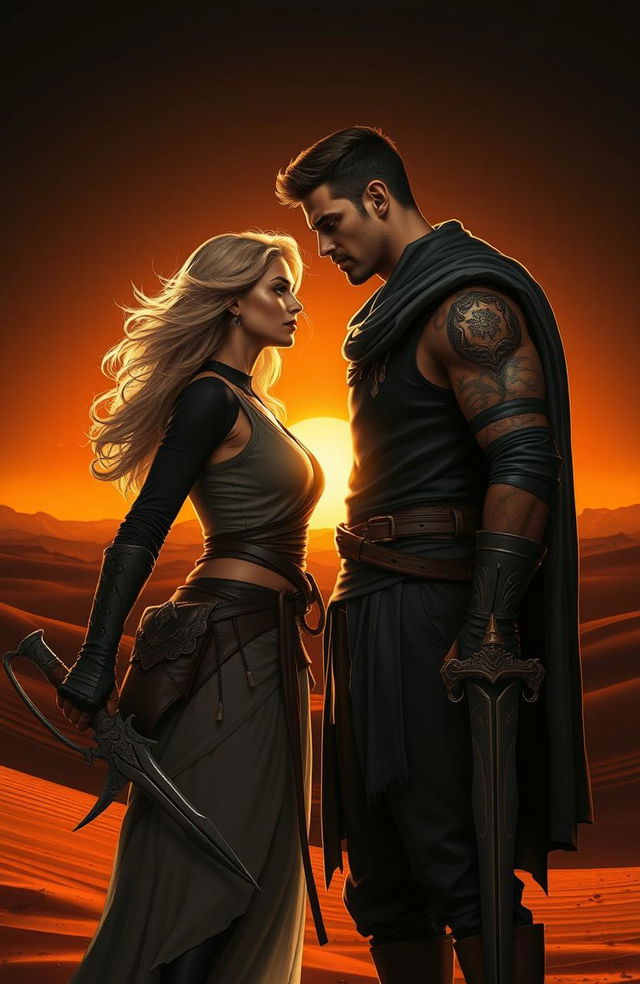 A romantic scene featuring a handsome brunet man and a stunning blonde woman in a dramatic, dark desert landscape