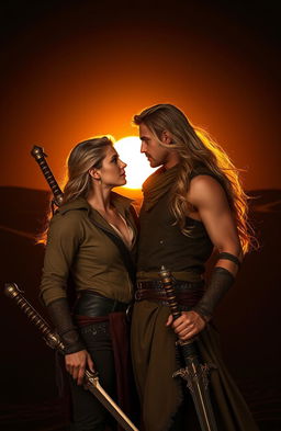 A romantic scene featuring a handsome brunet man and a stunning blonde woman in a dramatic, dark desert landscape