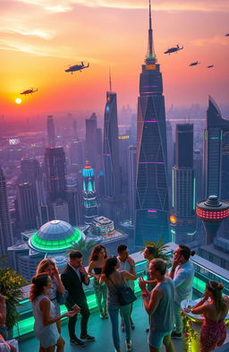 A futuristic cityscape at sunset, showcasing towering skyscrapers with neon lights and flying cars, a vibrant skyline filled with intricate architecture and greenery