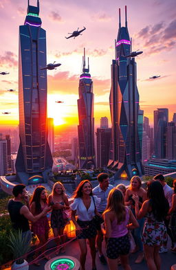 A futuristic cityscape at sunset, showcasing towering skyscrapers with neon lights and flying cars, a vibrant skyline filled with intricate architecture and greenery