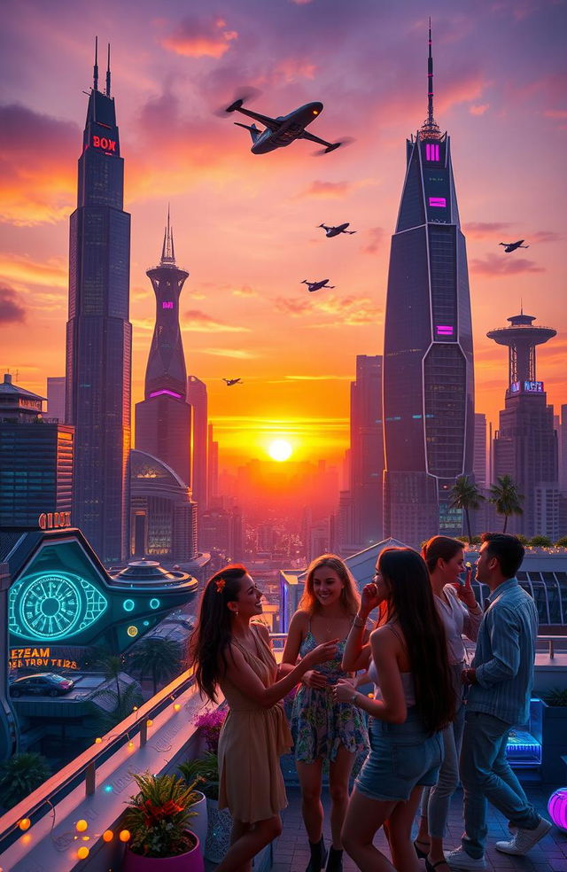 A futuristic cityscape at sunset, showcasing towering skyscrapers with neon lights and flying cars, a vibrant skyline filled with intricate architecture and greenery