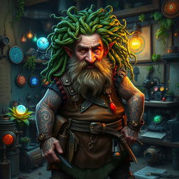 A mad old dwarf artificer with wild, tangled hair made entirely of lush green vines