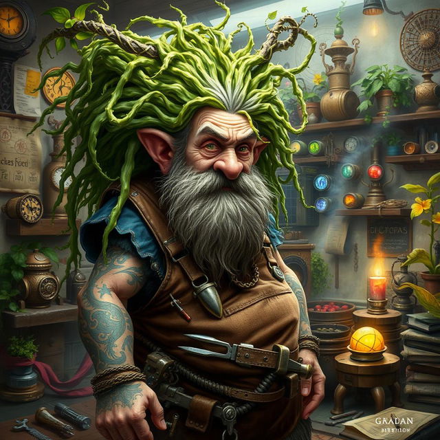 A mad old dwarf artificer with wild, tangled hair made entirely of lush green vines