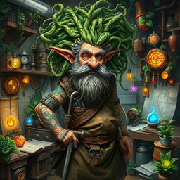 A mad old dwarf artificer with wild, tangled hair made entirely of lush green vines