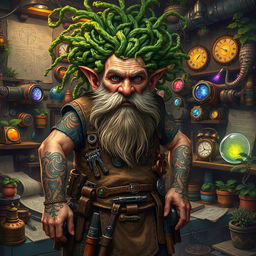 A mad old dwarf artificer with wild, tangled hair made entirely of lush green vines