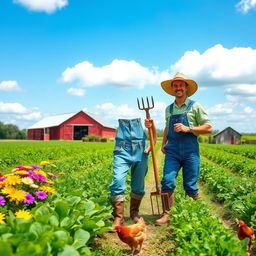 A picturesque farmer in a vibrant green field, wearing a wide-brimmed straw hat and denim overalls, tending to crops with a pair of sturdy boots