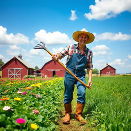 A picturesque farmer in a vibrant green field, wearing a wide-brimmed straw hat and denim overalls, tending to crops with a pair of sturdy boots