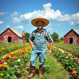 A picturesque farmer in a vibrant green field, wearing a wide-brimmed straw hat and denim overalls, tending to crops with a pair of sturdy boots