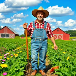 A picturesque farmer in a vibrant green field, wearing a wide-brimmed straw hat and denim overalls, tending to crops with a pair of sturdy boots