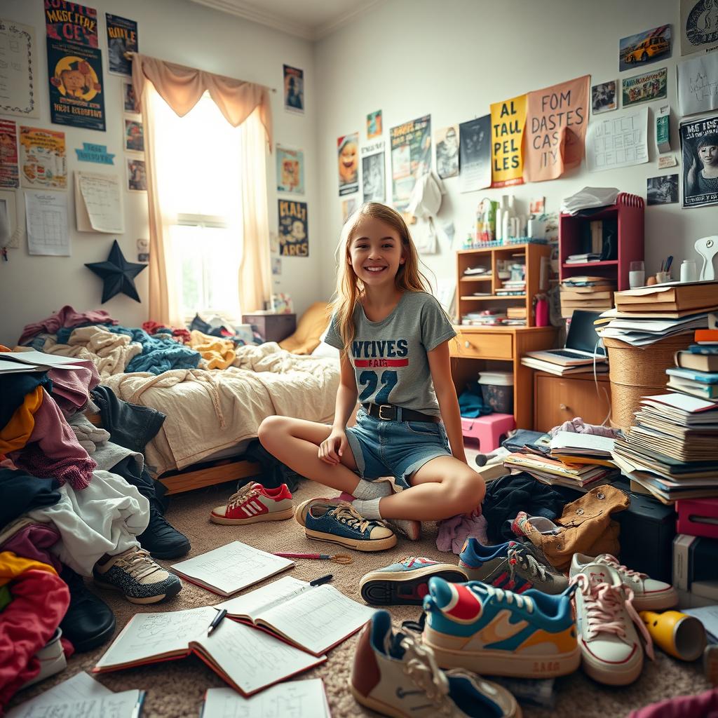 A teenage girl sitting in her very messy bedroom, surrounded by scattered clothes, open notebooks with doodles, and mismatched shoes all over the floor