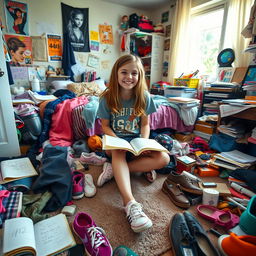 A teenage girl sitting in her very messy bedroom, surrounded by scattered clothes, open notebooks with doodles, and mismatched shoes all over the floor