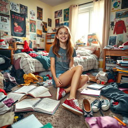 A teenage girl sitting in her very messy bedroom, surrounded by scattered clothes, open notebooks with doodles, and mismatched shoes all over the floor