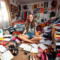 A teenage girl sitting in her very messy bedroom, surrounded by scattered clothes, open notebooks with doodles, and mismatched shoes all over the floor