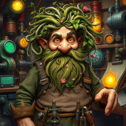 A mad old dwarf artificer with hair made of intricately intertwined vines, creating a whimsical and chaotic appearance