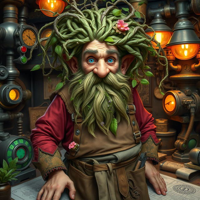 A mad old dwarf artificer with hair made of intricately intertwined vines, creating a whimsical and chaotic appearance