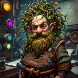 A mad old dwarf artificer with hair made of intricately intertwined vines, creating a whimsical and chaotic appearance