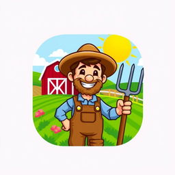 A pixel art icon of a cheerful farmer, wearing a straw hat and overalls, holding a pitchfork