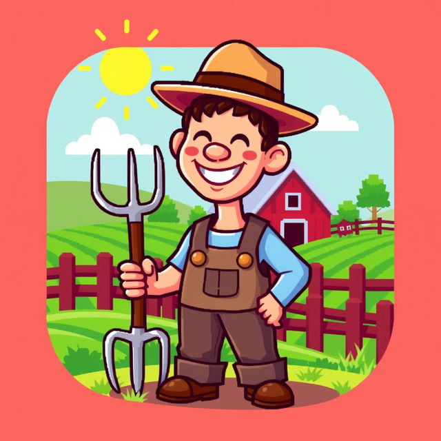 A pixel art icon of a cheerful farmer, wearing a straw hat and overalls, holding a pitchfork