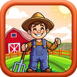 A pixel art icon of a cheerful farmer, wearing a straw hat and overalls, holding a pitchfork