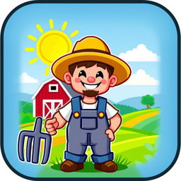 A pixel art icon of a cheerful farmer, wearing a straw hat and overalls, holding a pitchfork