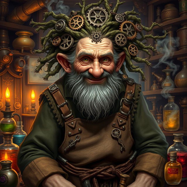 Baern Firetamer, the mad old dwarf artificer with wild vines for hair, intricately adorned with small gears and alchemical symbols