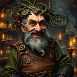 Baern Firetamer, the mad old dwarf artificer with wild vines for hair, intricately adorned with small gears and alchemical symbols