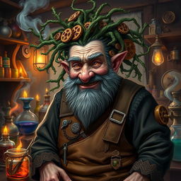 Baern Firetamer, the mad old dwarf artificer with wild vines for hair, intricately adorned with small gears and alchemical symbols