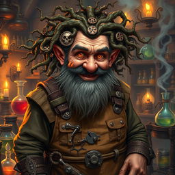 Baern Firetamer, the mad old dwarf artificer with wild vines for hair, intricately adorned with small gears and alchemical symbols