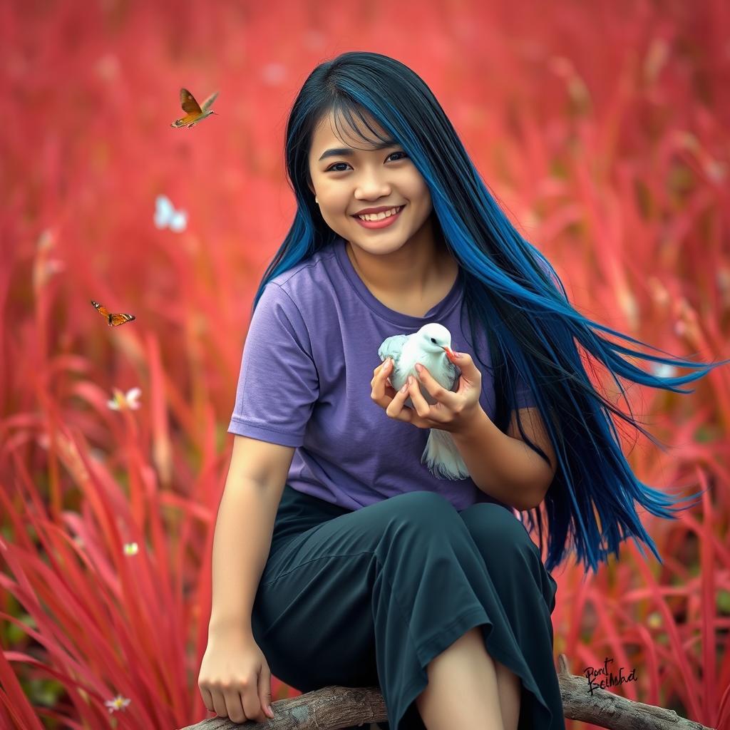 A beautiful Indonesian woman with a cute, youthful face, long straight hair flowing in blue, wearing short black pants and a purple t-shirt