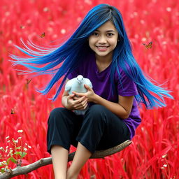 A beautiful Indonesian woman with a cute, youthful face, long straight hair flowing in blue, wearing short black pants and a purple t-shirt