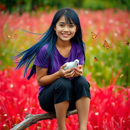 A beautiful Indonesian woman with a cute, youthful face, long straight hair flowing in blue, wearing short black pants and a purple t-shirt